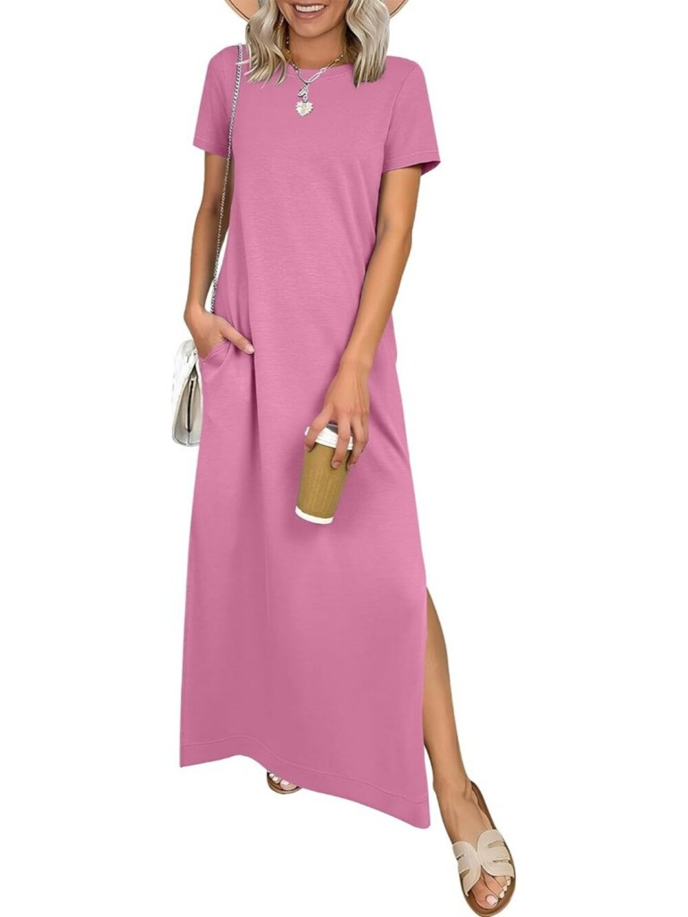 Women's Pink Crewneck Summer Casual Maxi Dress Short Sleeve Split Long Sundress